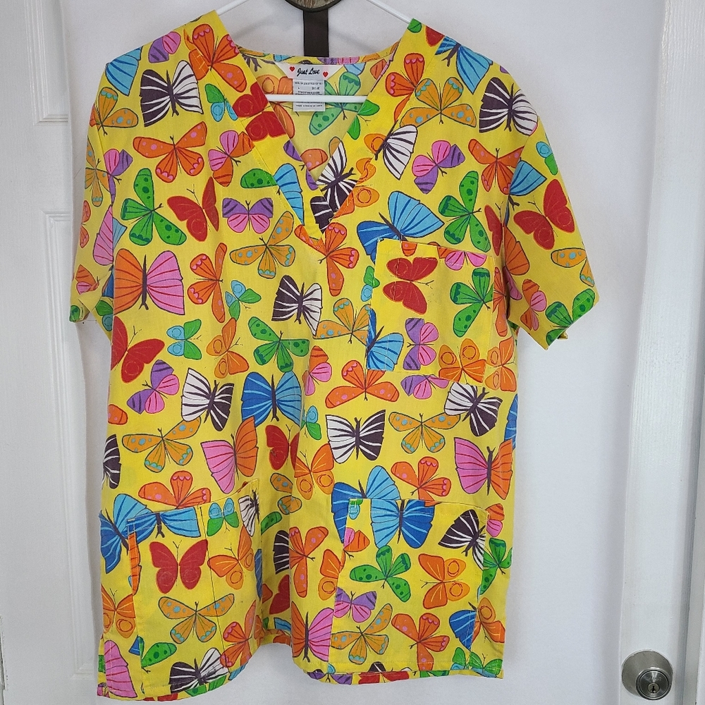 (784) Just Love Woman's Hospital Work Scrubs, Size: L, Yellow with butterflies